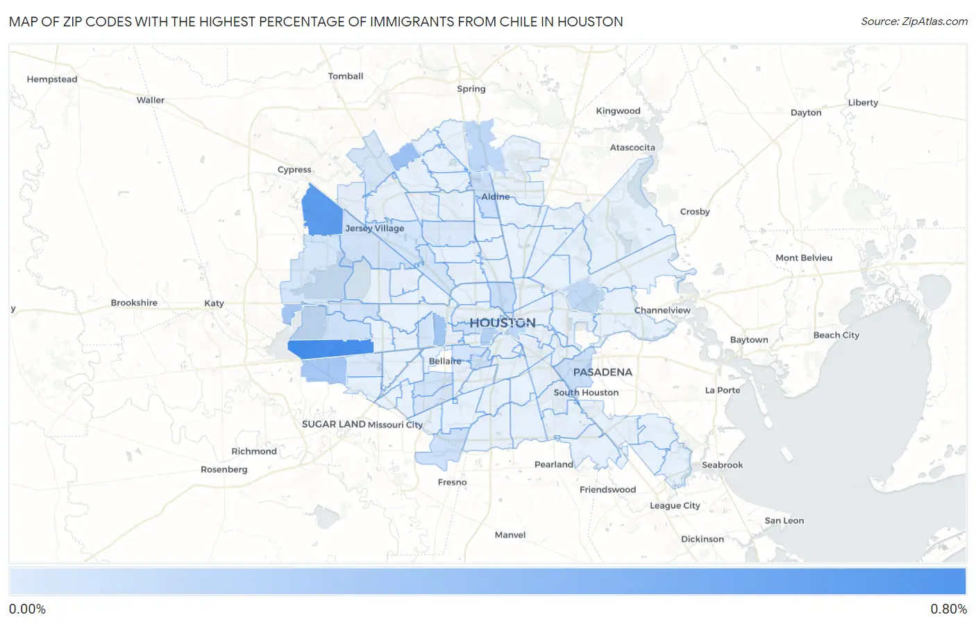 Zip Codes with the Highest Percentage of Immigrants from Chile in Houston Map