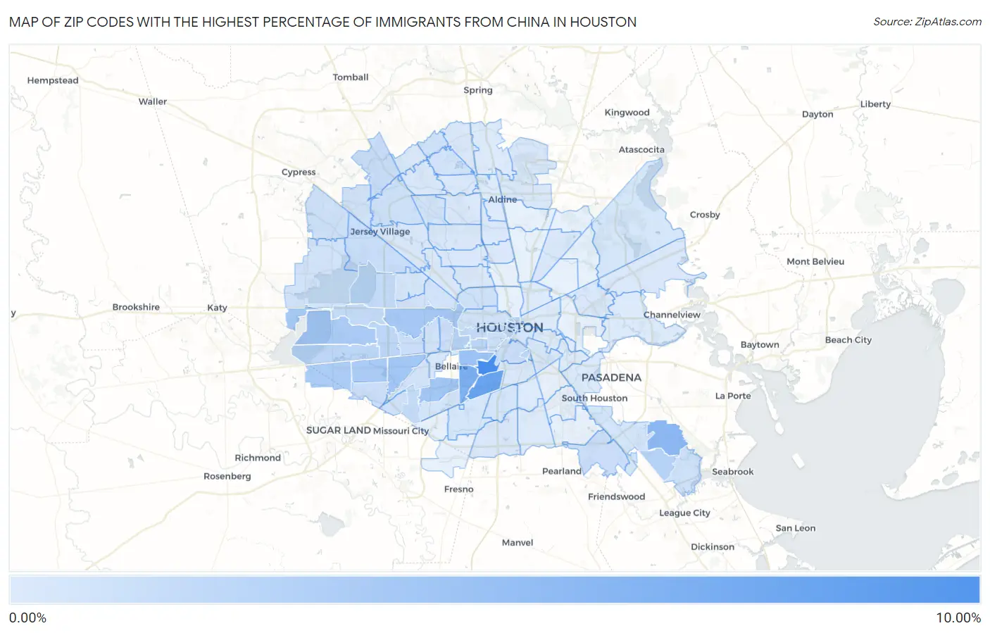 Zip Codes with the Highest Percentage of Immigrants from China in Houston Map