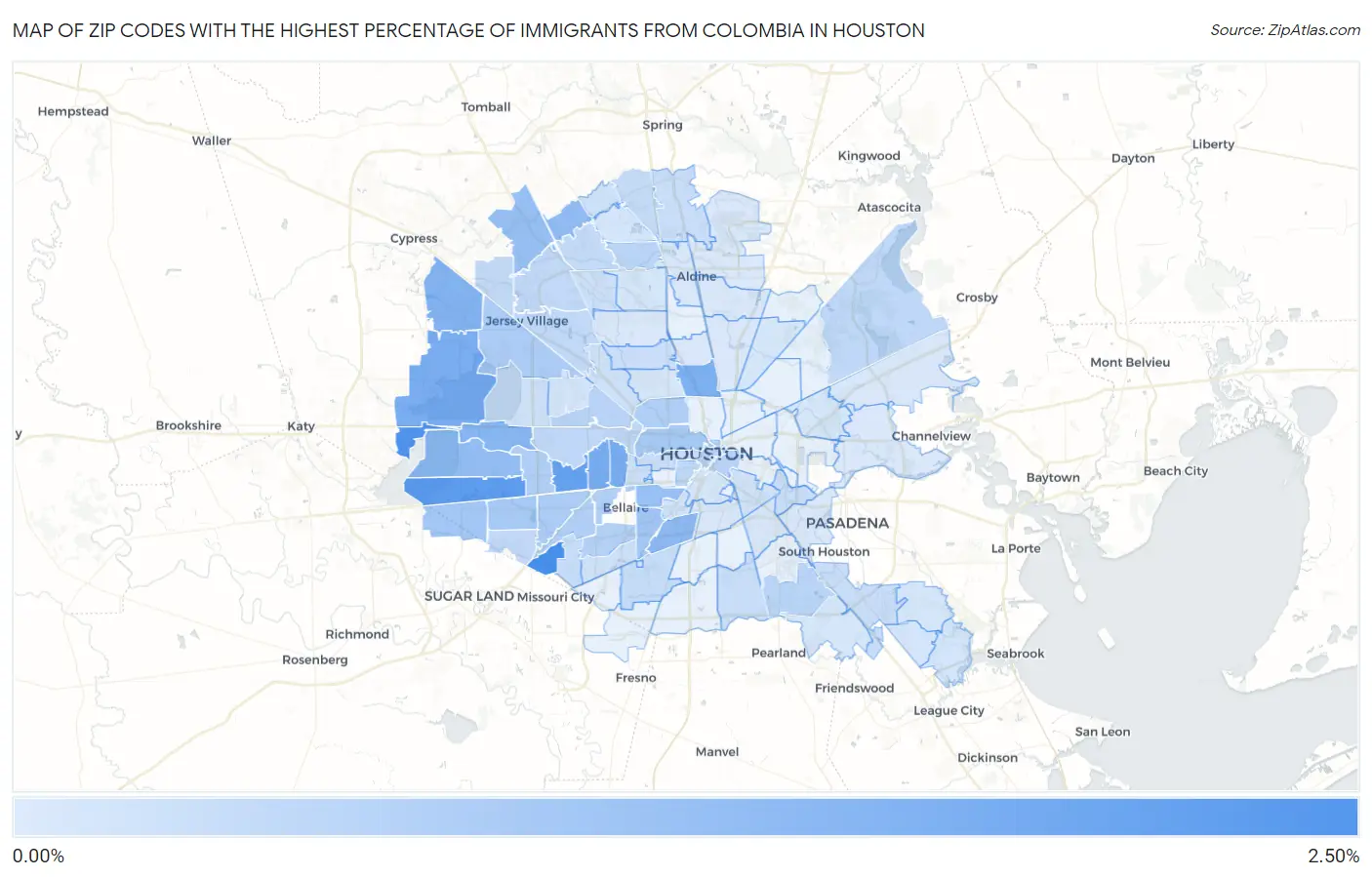 Zip Codes with the Highest Percentage of Immigrants from Colombia in Houston Map