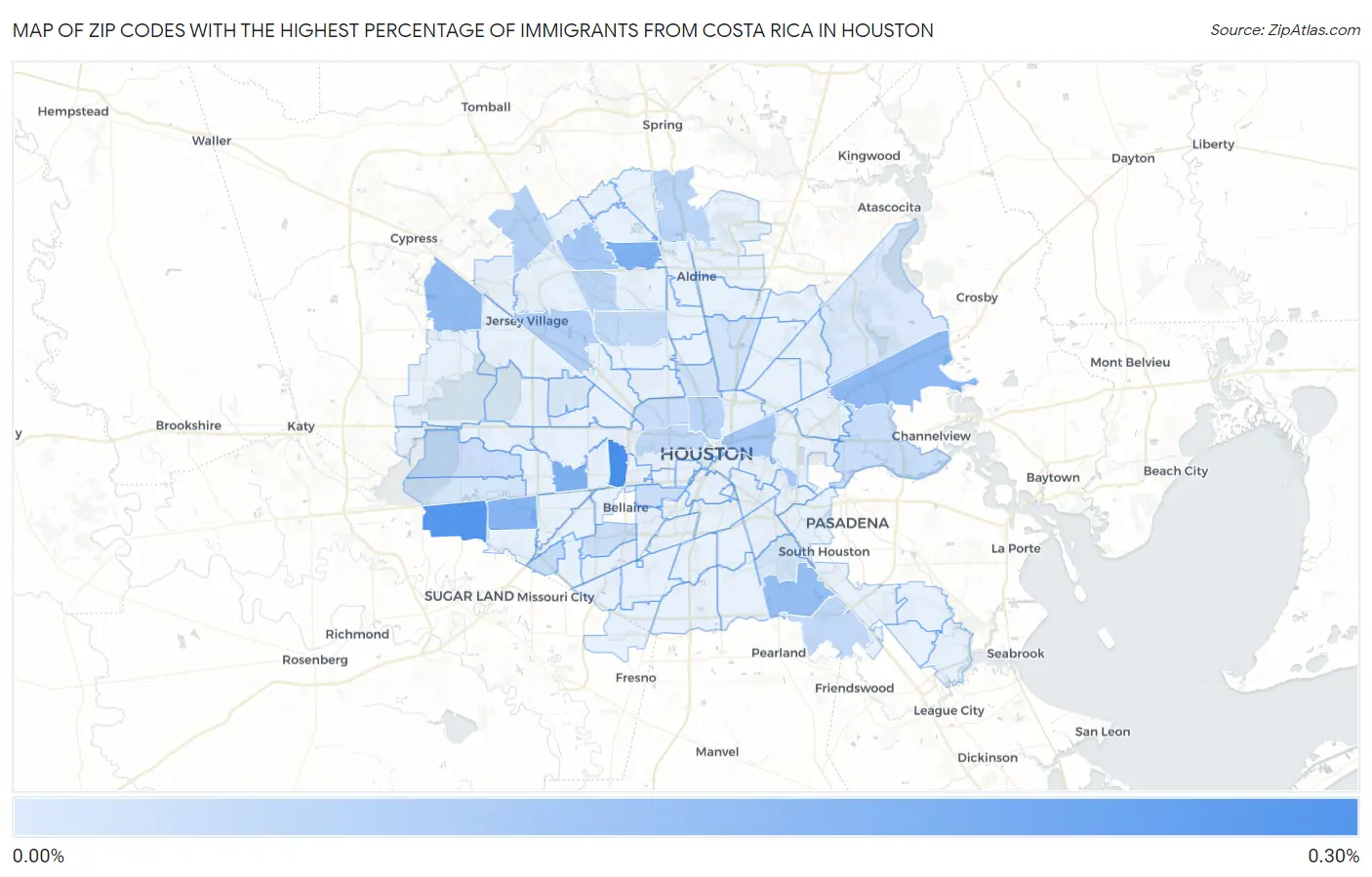 Zip Codes with the Highest Percentage of Immigrants from Costa Rica in Houston Map