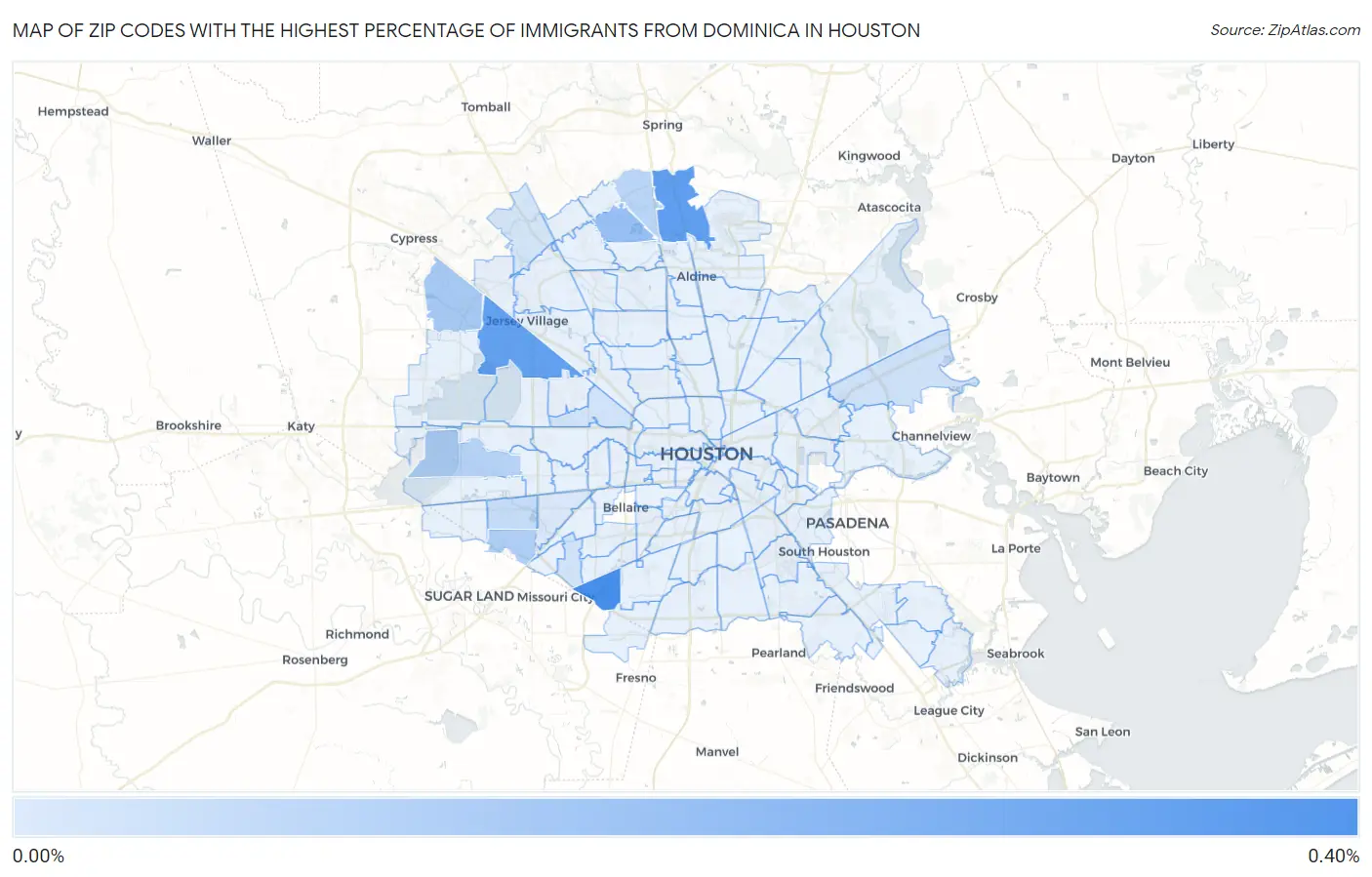 Zip Codes with the Highest Percentage of Immigrants from Dominica in Houston Map