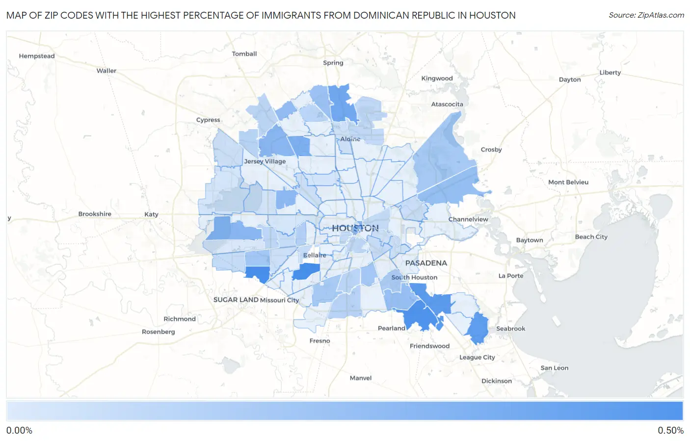 Zip Codes with the Highest Percentage of Immigrants from Dominican Republic in Houston Map