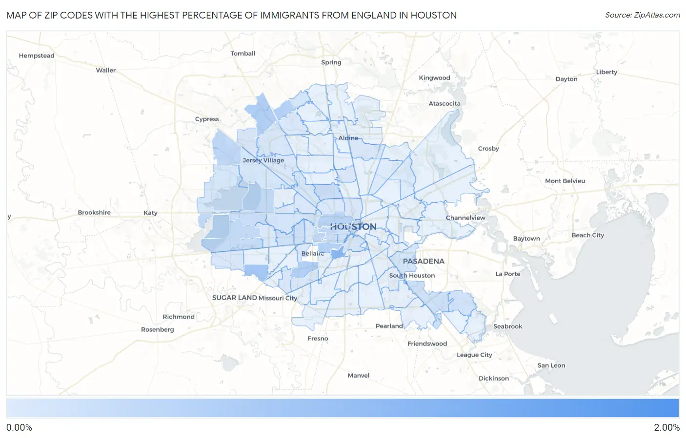 Zip Codes with the Highest Percentage of Immigrants from England in Houston Map