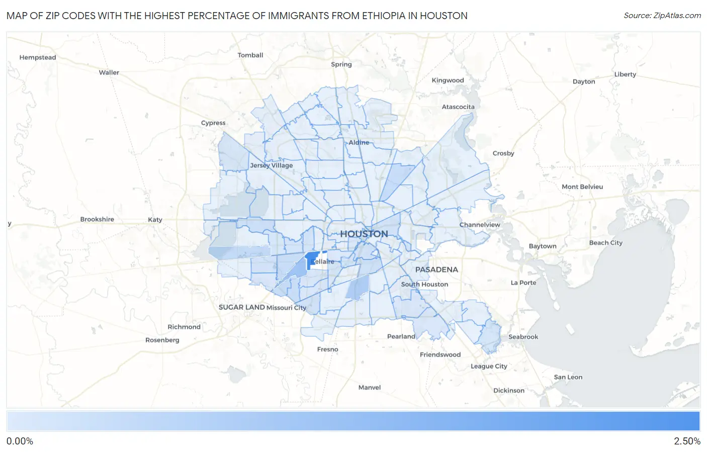 Zip Codes with the Highest Percentage of Immigrants from Ethiopia in Houston Map