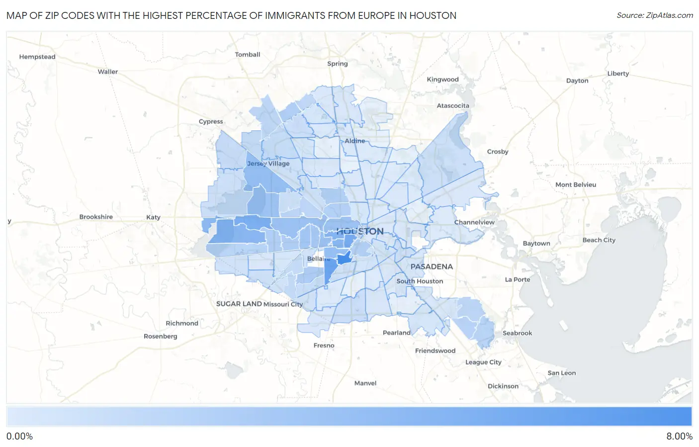 Zip Codes with the Highest Percentage of Immigrants from Europe in Houston Map