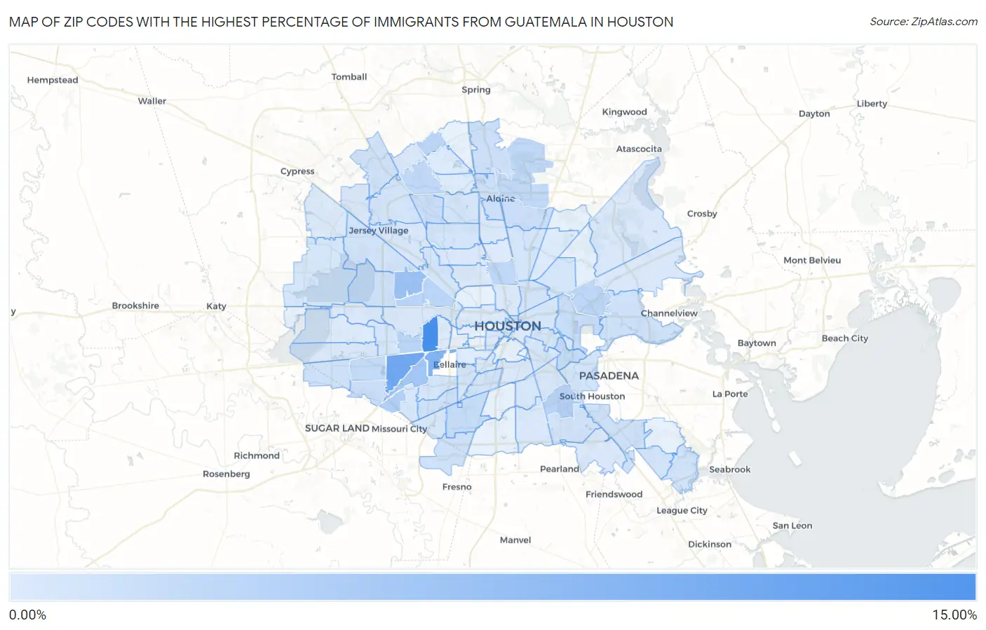 Zip Codes with the Highest Percentage of Immigrants from Guatemala in Houston Map