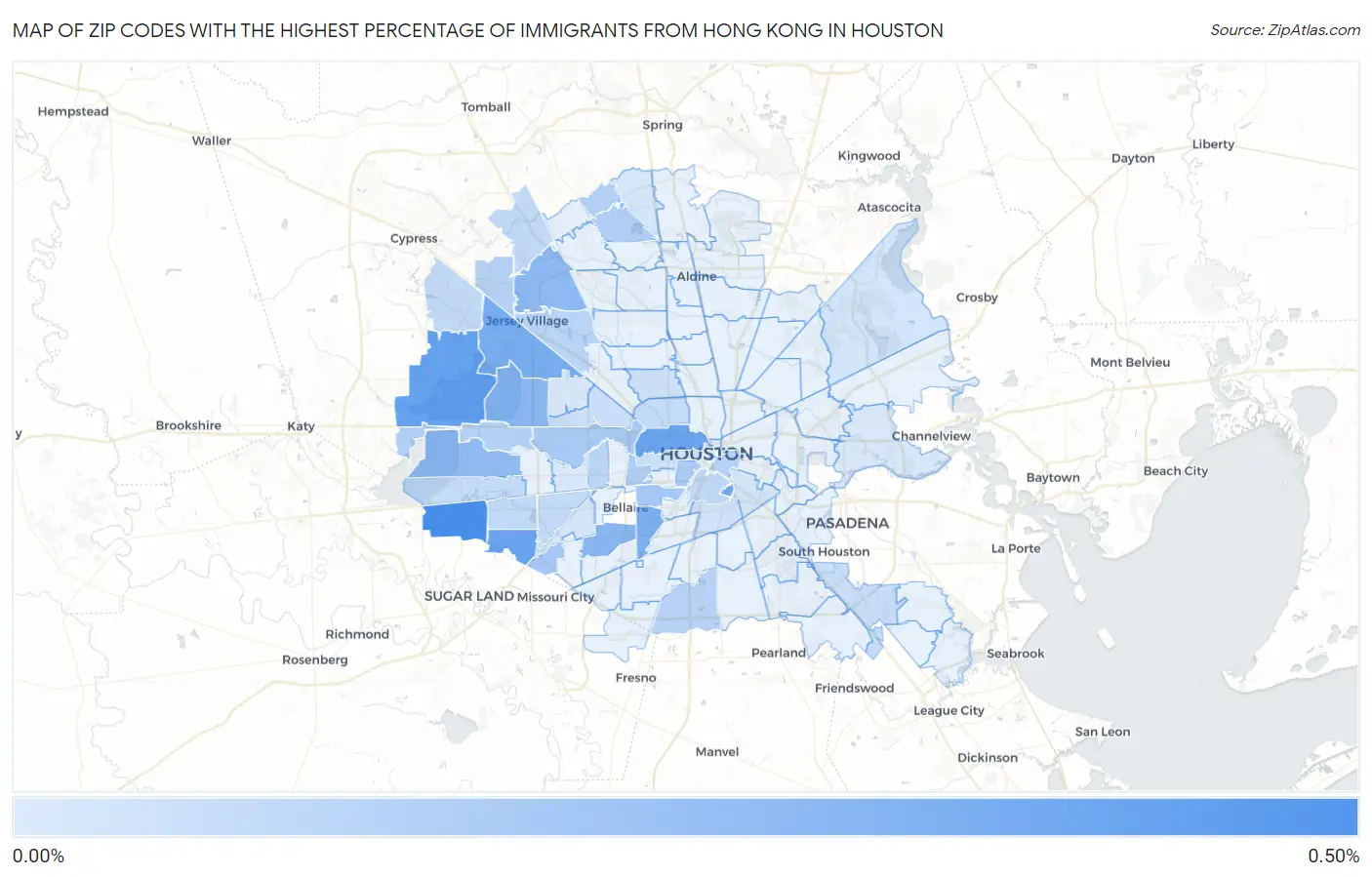 Zip Codes with the Highest Percentage of Immigrants from Hong Kong in Houston Map