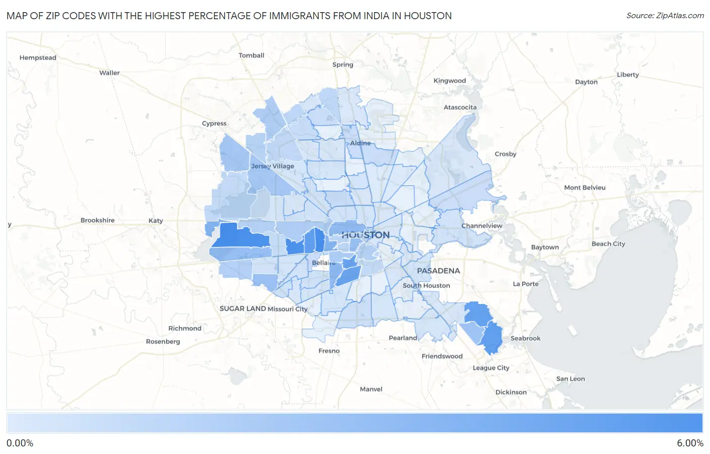 Zip Codes with the Highest Percentage of Immigrants from India in Houston Map