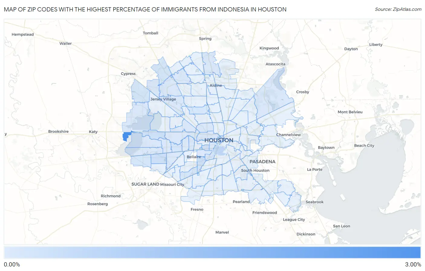 Zip Codes with the Highest Percentage of Immigrants from Indonesia in Houston Map