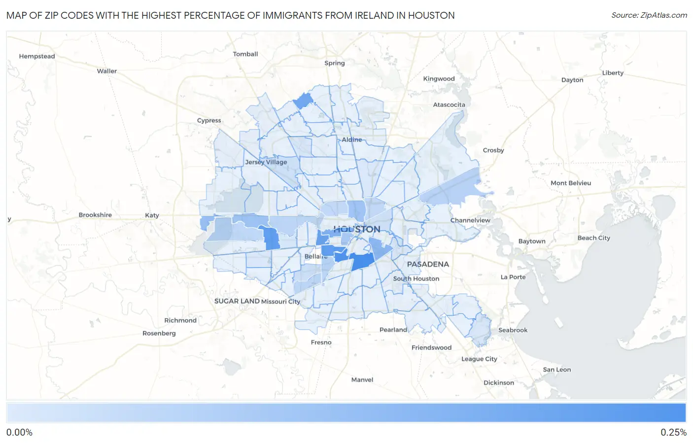 Zip Codes with the Highest Percentage of Immigrants from Ireland in Houston Map