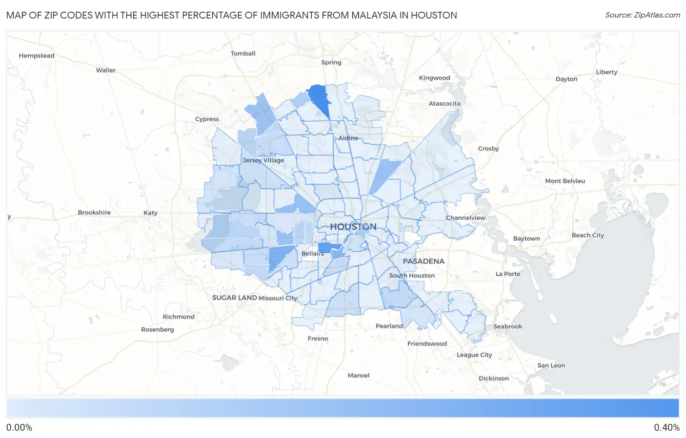Zip Codes with the Highest Percentage of Immigrants from Malaysia in Houston Map