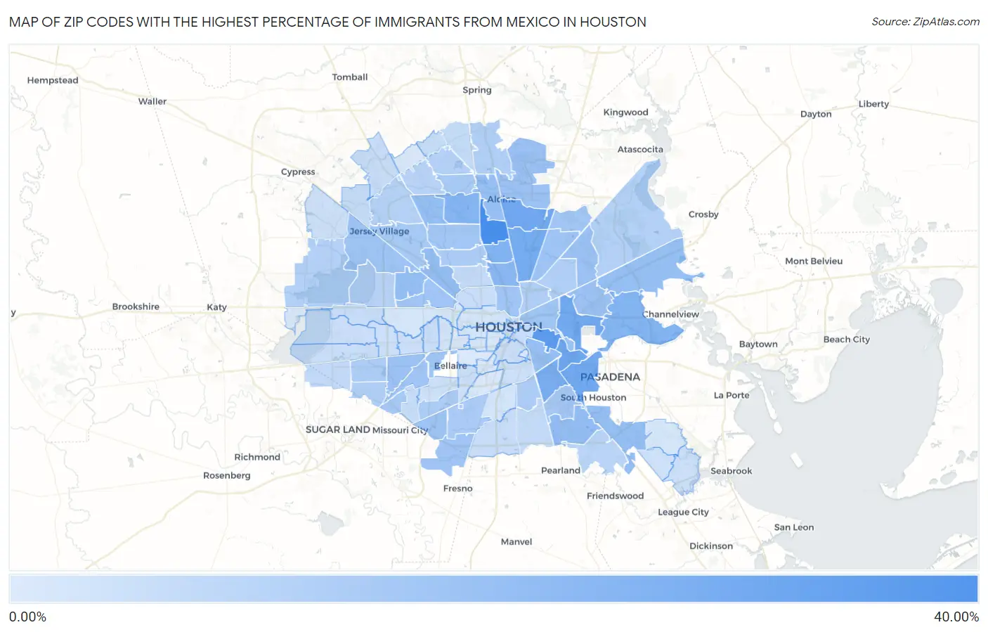 Zip Codes with the Highest Percentage of Immigrants from Mexico in Houston Map