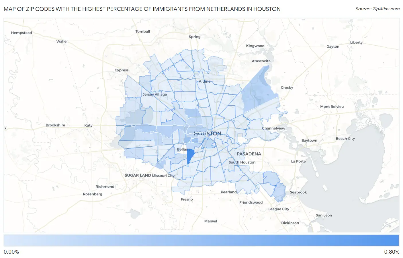 Zip Codes with the Highest Percentage of Immigrants from Netherlands in Houston Map