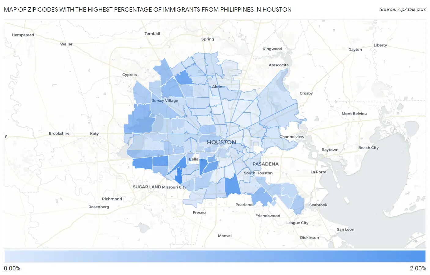 Zip Codes with the Highest Percentage of Immigrants from Philippines in Houston Map