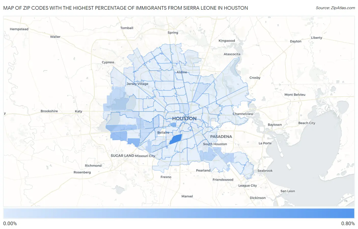 Zip Codes with the Highest Percentage of Immigrants from Sierra Leone in Houston Map