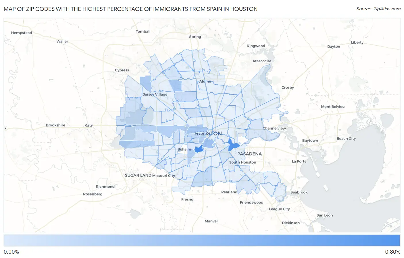Zip Codes with the Highest Percentage of Immigrants from Spain in Houston Map