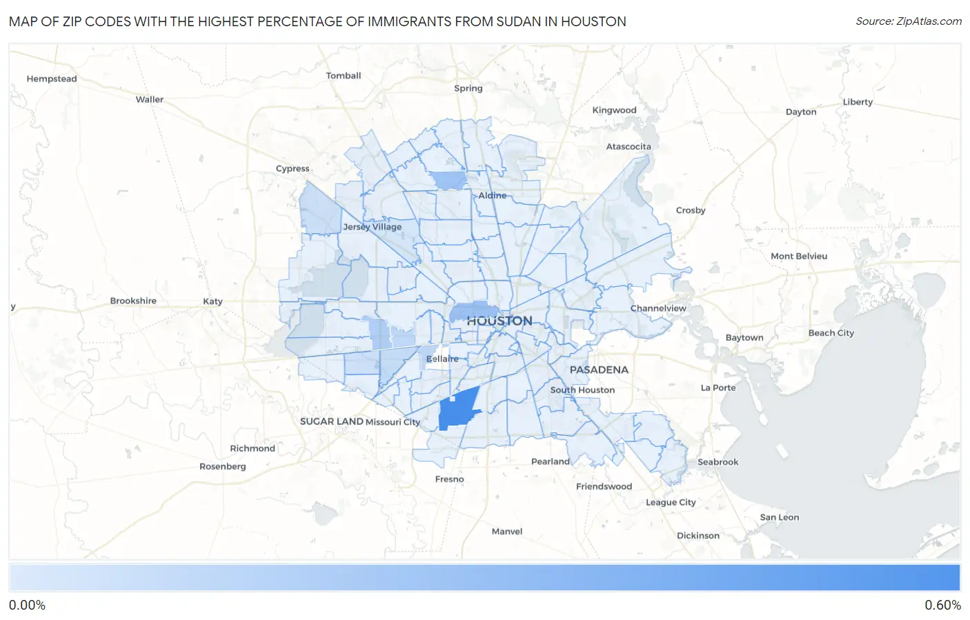 Zip Codes with the Highest Percentage of Immigrants from Sudan in Houston Map