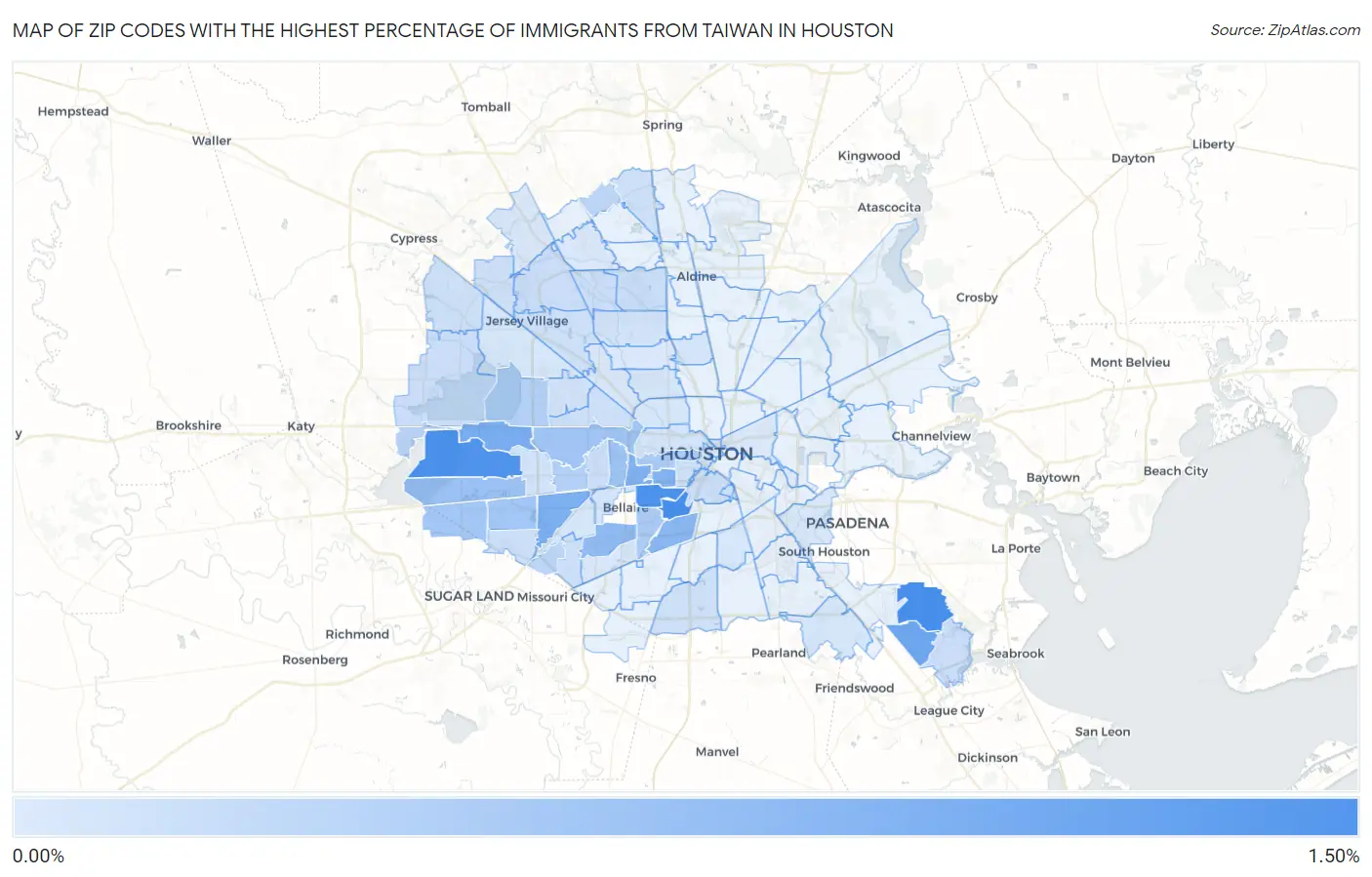 Zip Codes with the Highest Percentage of Immigrants from Taiwan in Houston Map