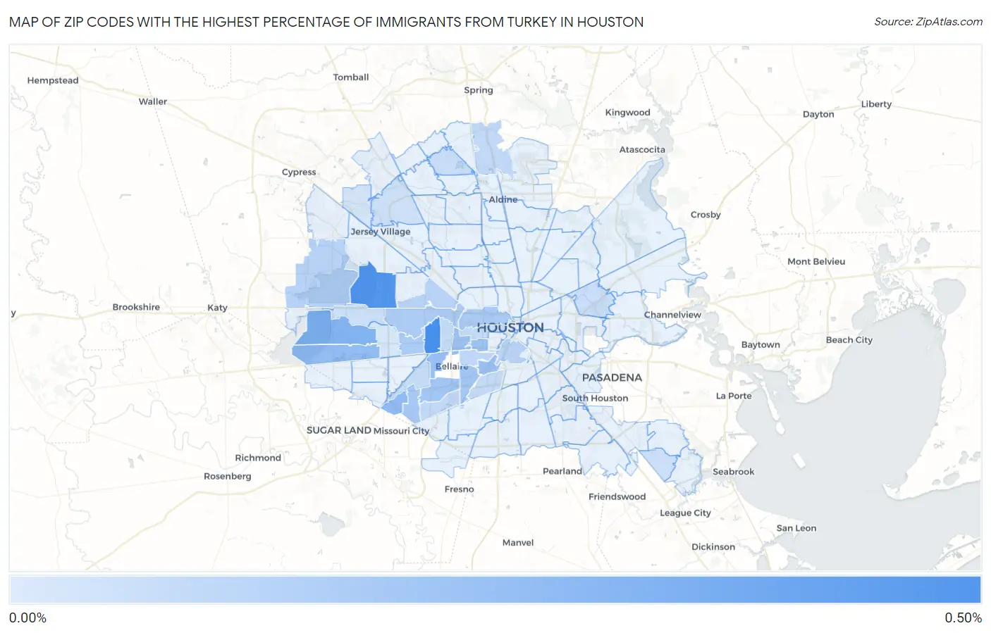 Zip Codes with the Highest Percentage of Immigrants from Turkey in Houston Map