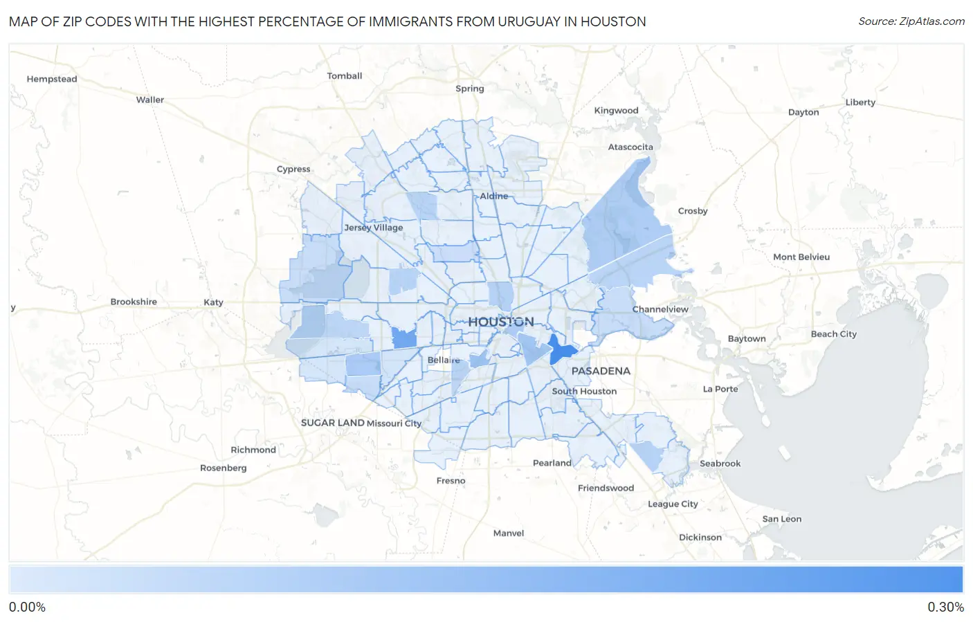 Zip Codes with the Highest Percentage of Immigrants from Uruguay in Houston Map