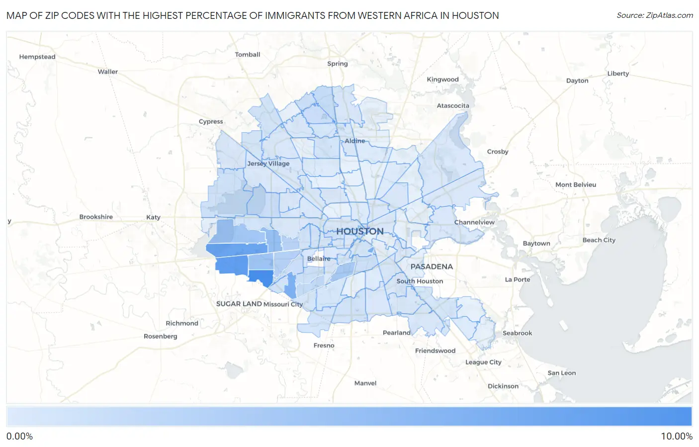 Zip Codes with the Highest Percentage of Immigrants from Western Africa in Houston Map