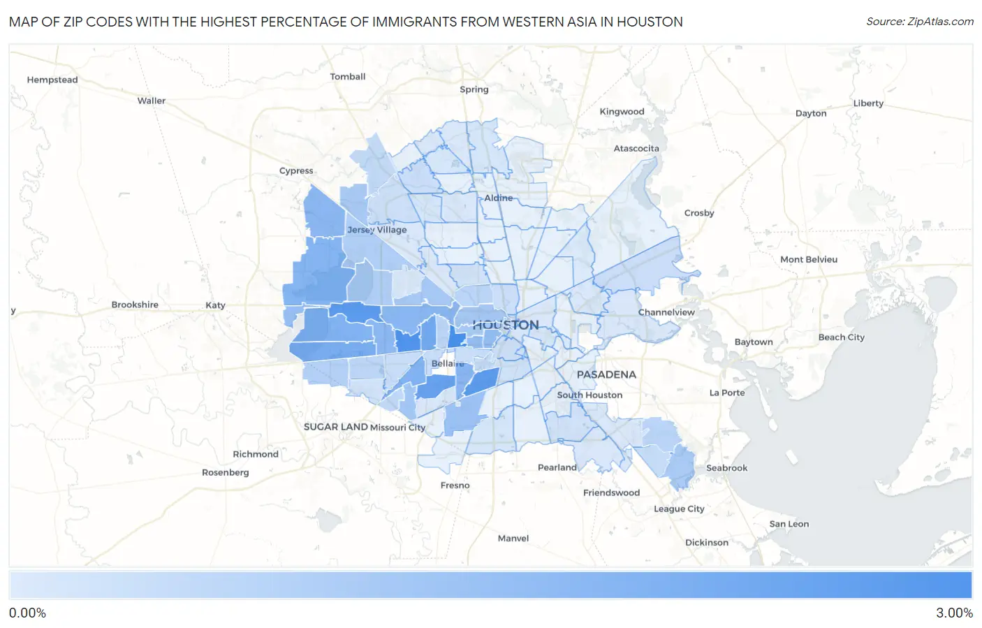 Zip Codes with the Highest Percentage of Immigrants from Western Asia in Houston Map