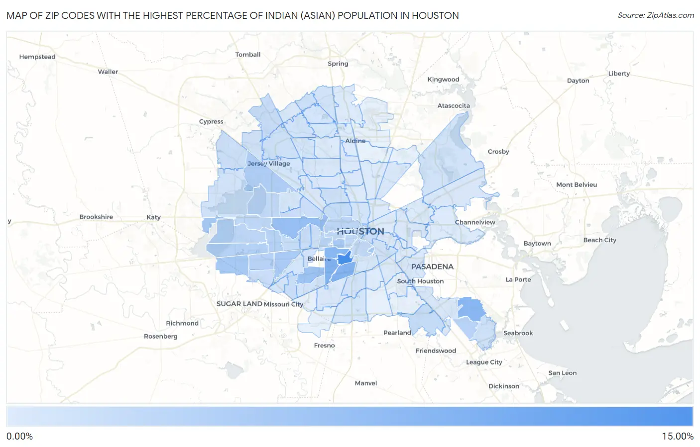Zip Codes with the Highest Percentage of Indian (Asian) Population in Houston Map
