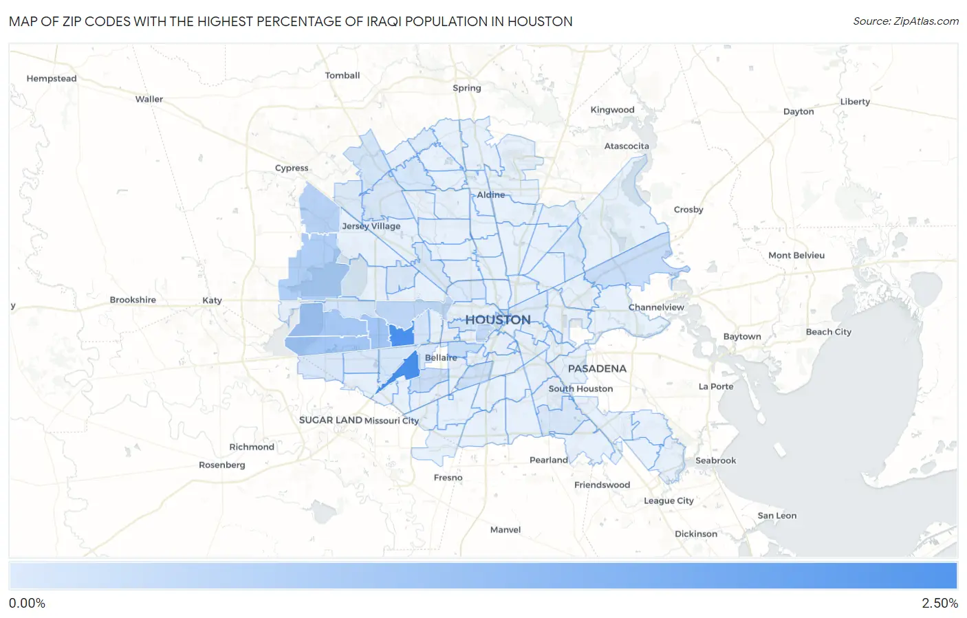 Zip Codes with the Highest Percentage of Iraqi Population in Houston Map