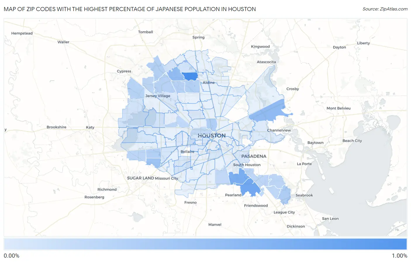 Zip Codes with the Highest Percentage of Japanese Population in Houston Map