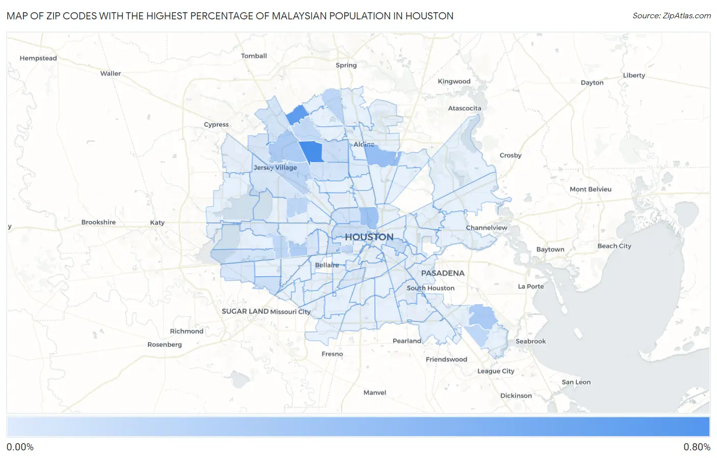 Zip Codes with the Highest Percentage of Malaysian Population in Houston Map