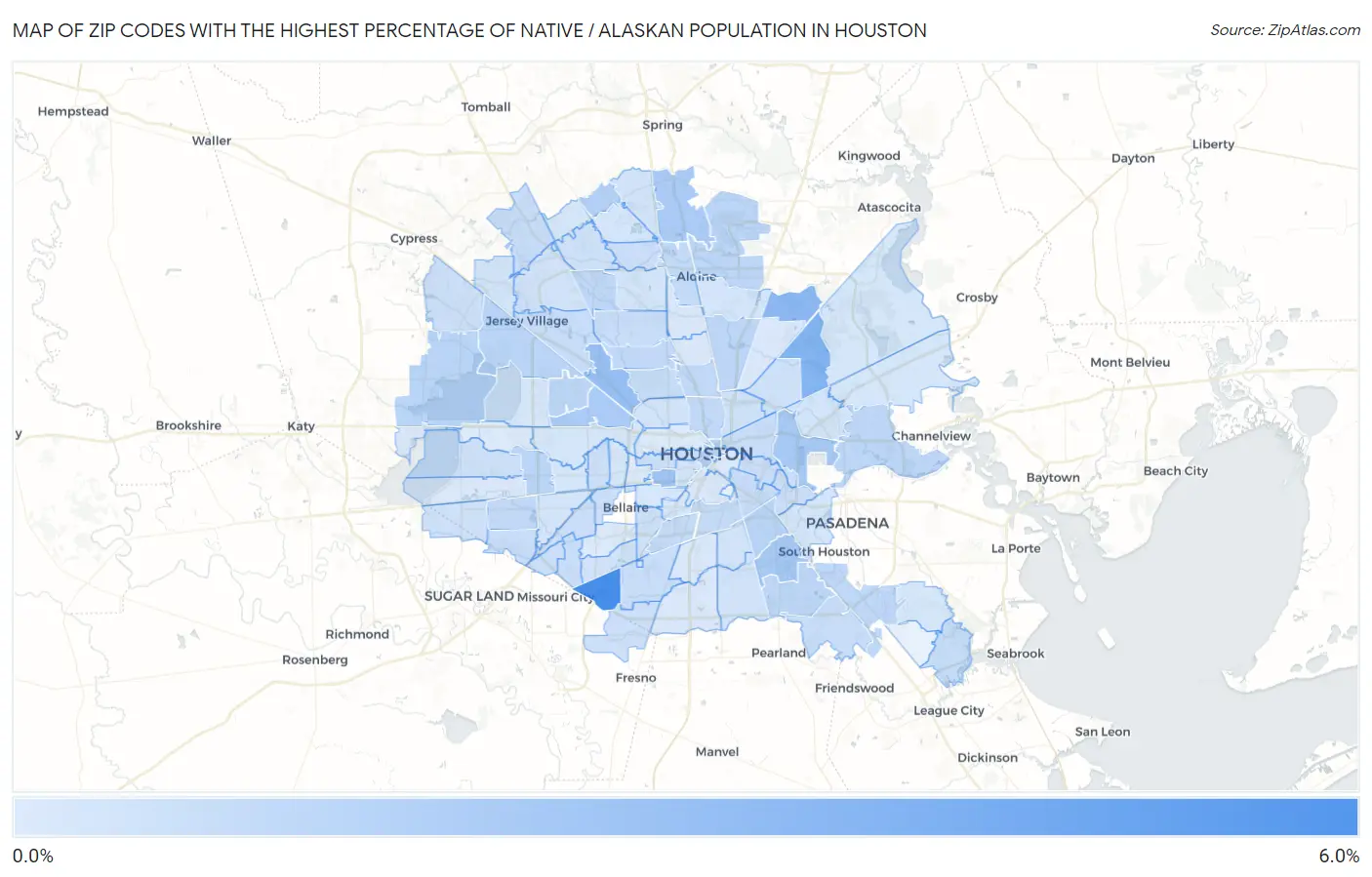 Zip Codes with the Highest Percentage of Native / Alaskan Population in Houston Map