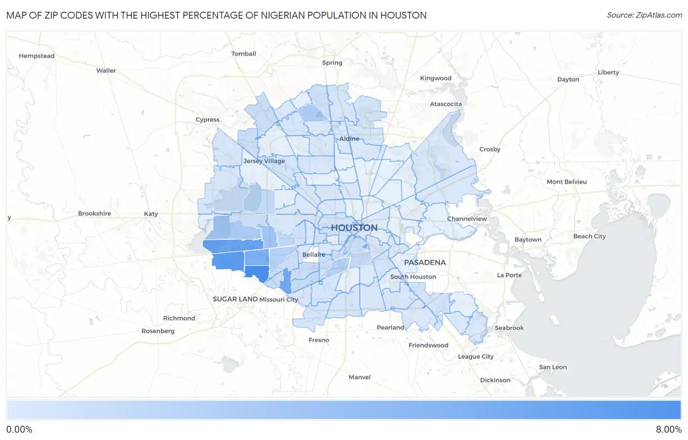 Zip Codes with the Highest Percentage of Nigerian Population in Houston Map