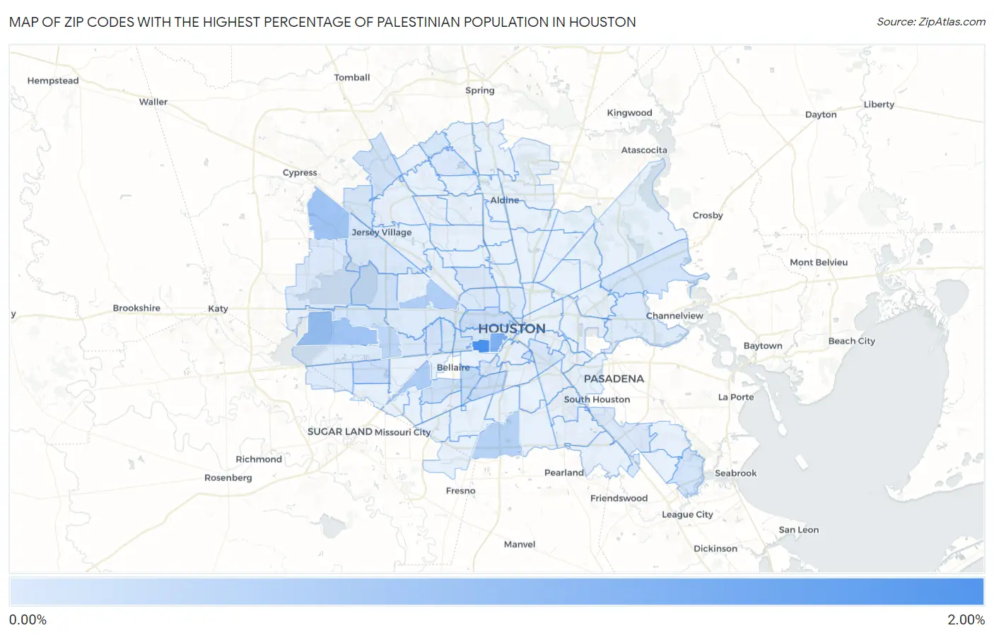 Zip Codes with the Highest Percentage of Palestinian Population in Houston Map