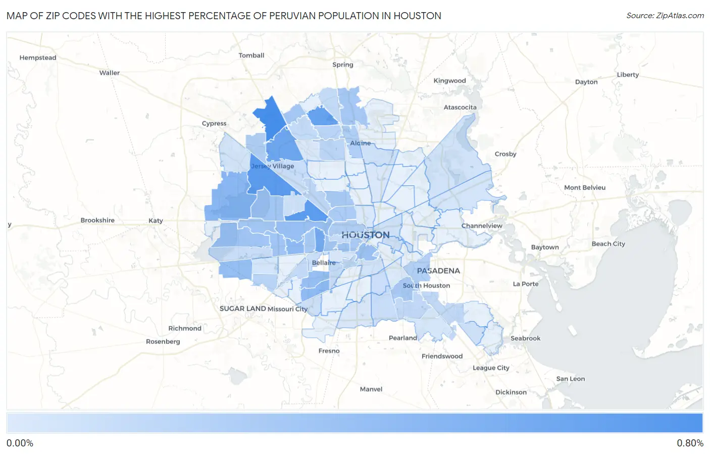 Zip Codes with the Highest Percentage of Peruvian Population in Houston Map