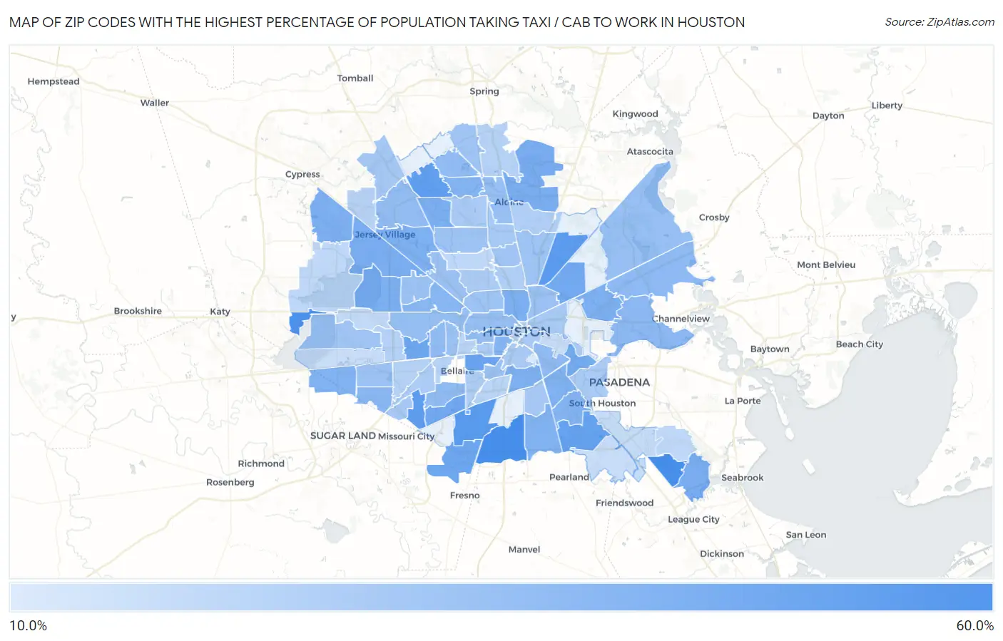 Zip Codes with the Highest Percentage of Population Taking Taxi / Cab to Work in Houston Map