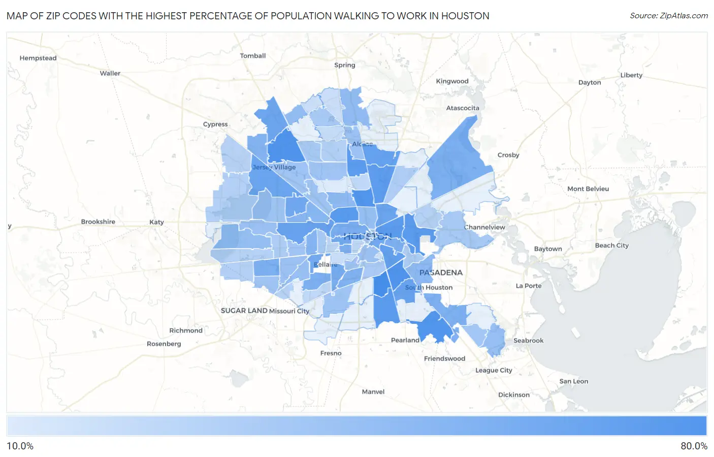 Zip Codes with the Highest Percentage of Population Walking to Work in Houston Map