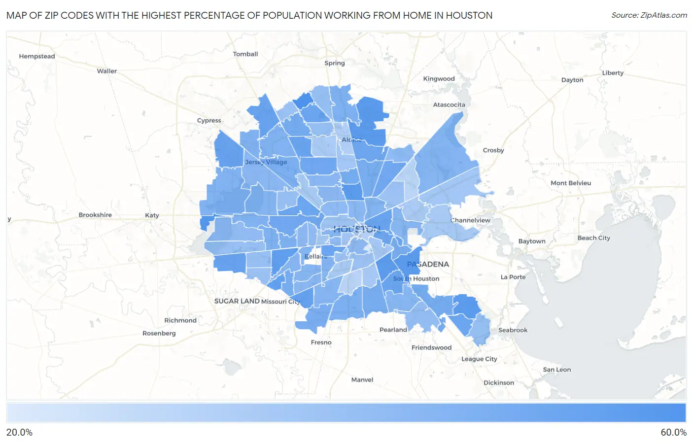 Zip Codes with the Highest Percentage of Population Working from Home in Houston Map