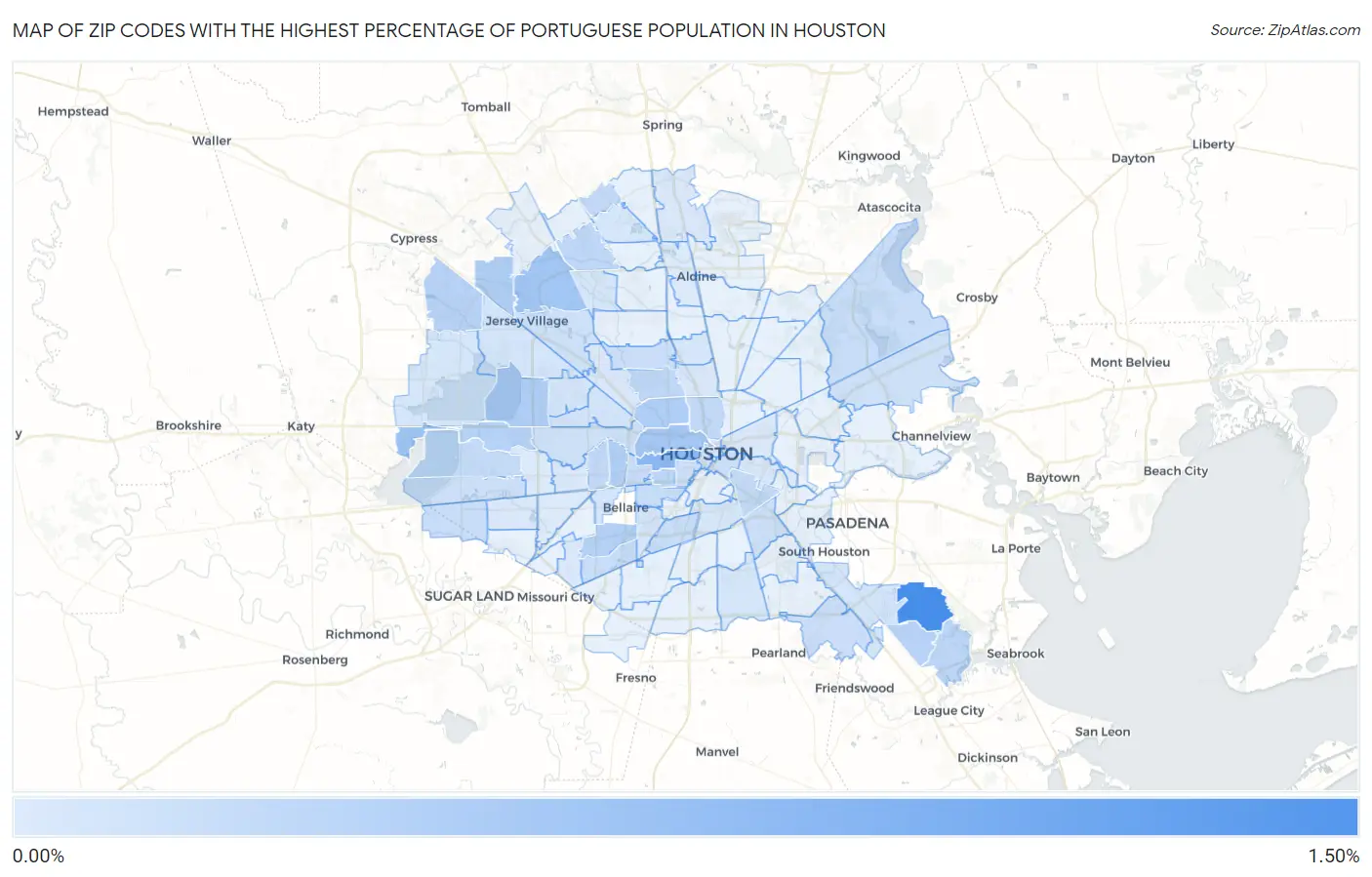 Zip Codes with the Highest Percentage of Portuguese Population in Houston Map