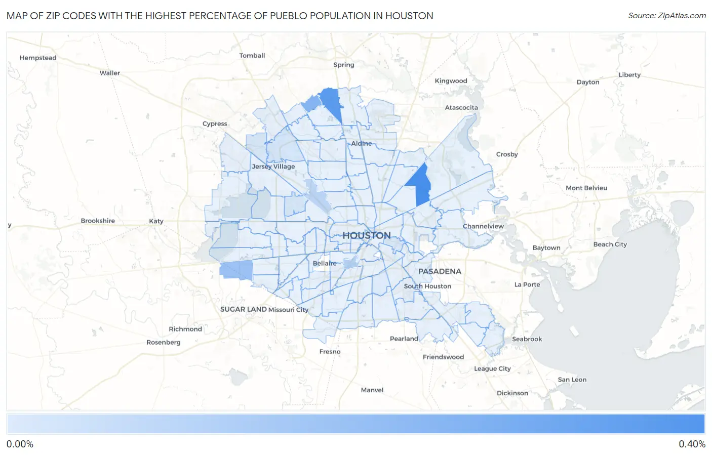 Zip Codes with the Highest Percentage of Pueblo Population in Houston Map