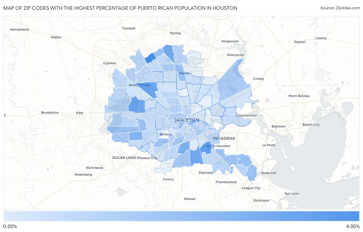 Zip Codes with the Highest Percentage of Puerto Rican Population in Houston Map