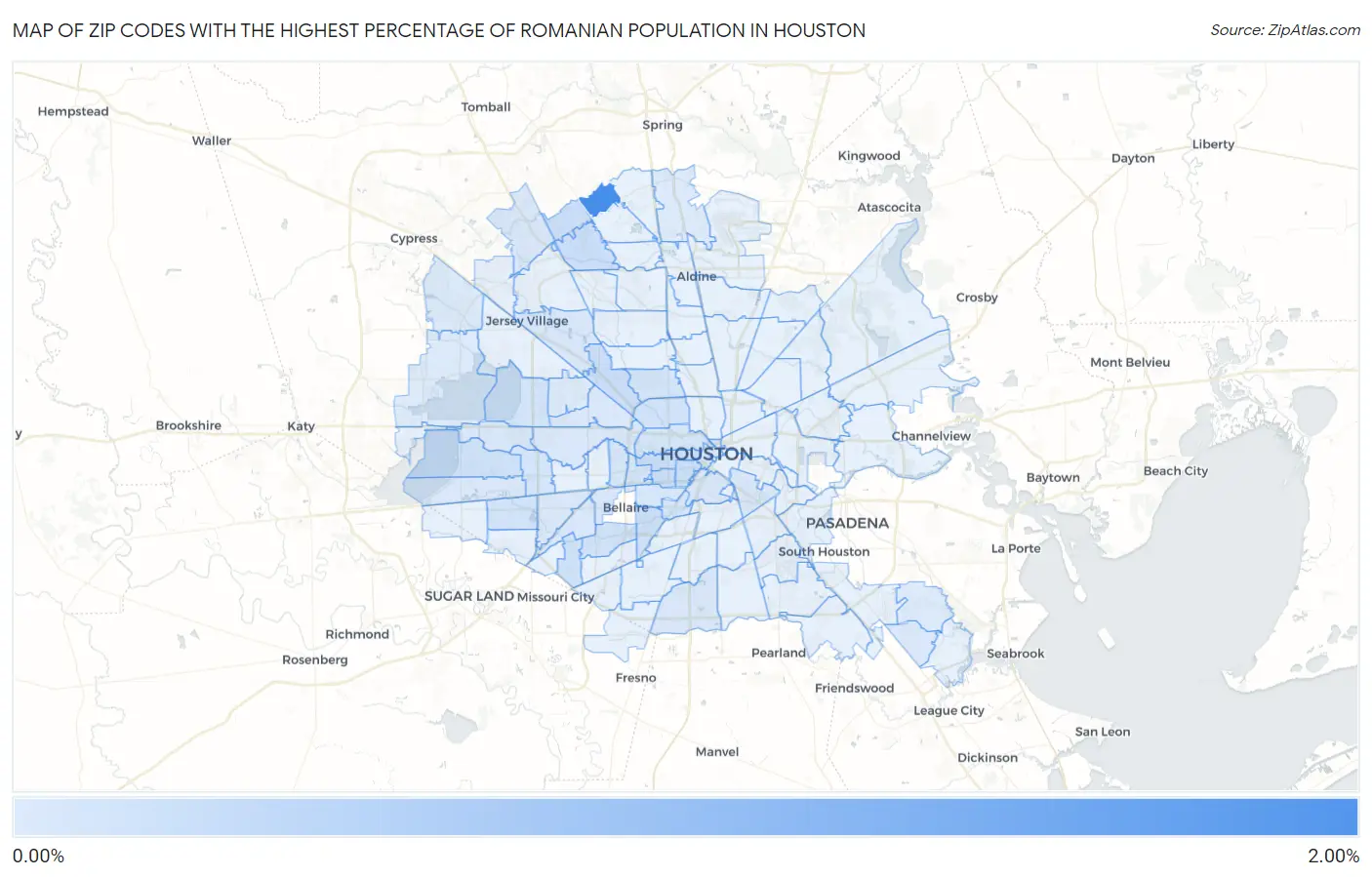 Zip Codes with the Highest Percentage of Romanian Population in Houston Map
