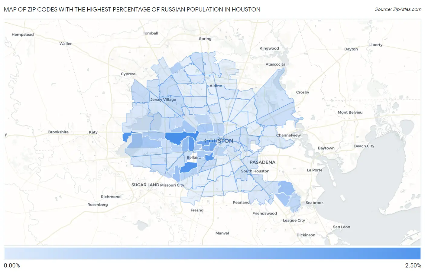 Zip Codes with the Highest Percentage of Russian Population in Houston Map
