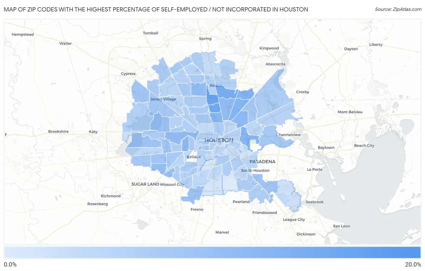 Zip Codes with the Highest Percentage of Self-Employed / Not Incorporated in Houston Map
