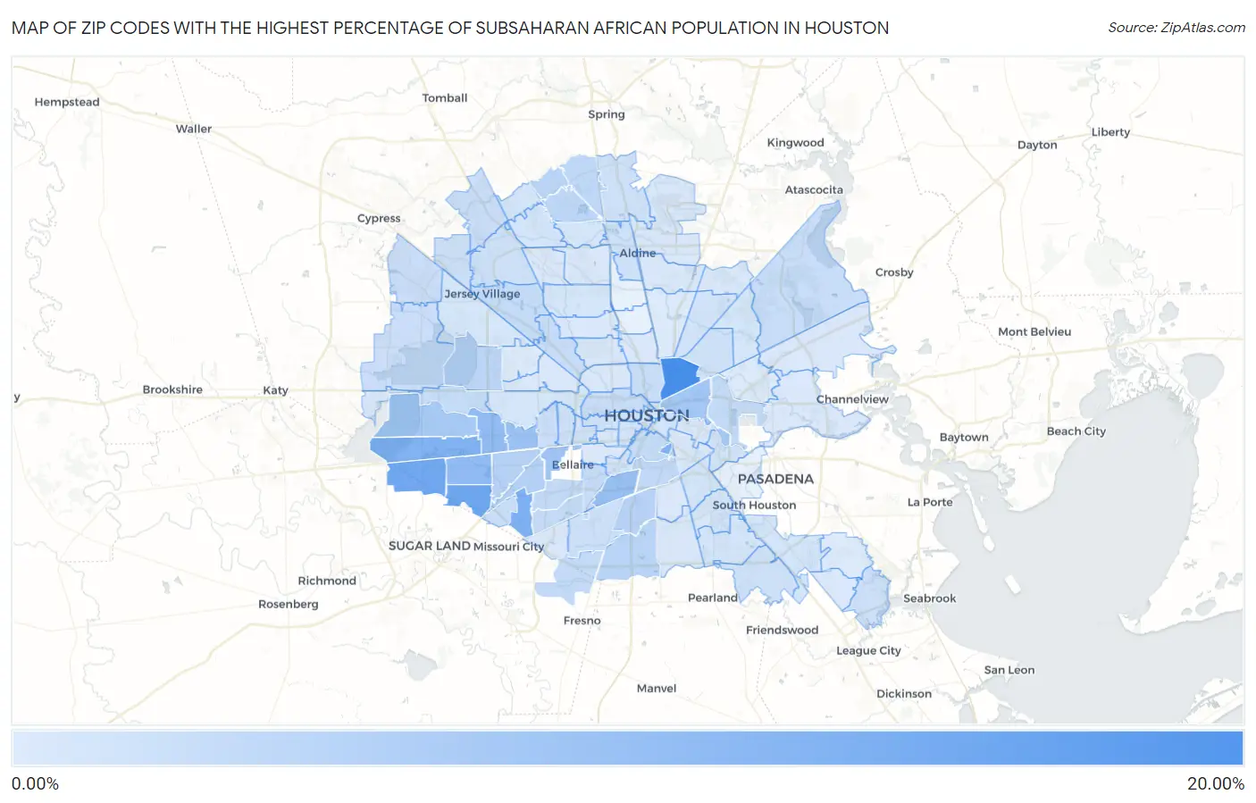 Zip Codes with the Highest Percentage of Subsaharan African Population in Houston Map