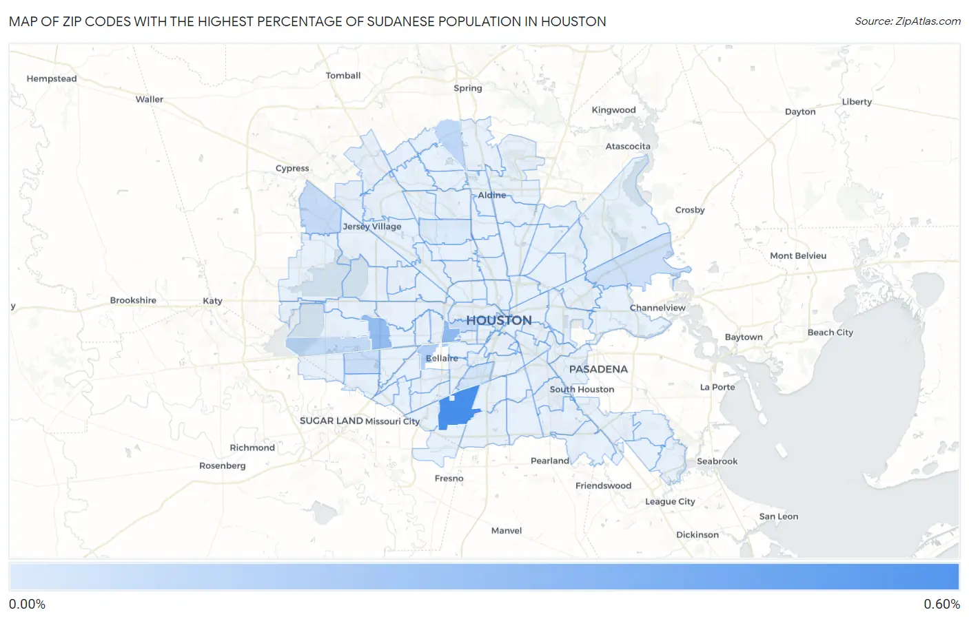Zip Codes with the Highest Percentage of Sudanese Population in Houston Map