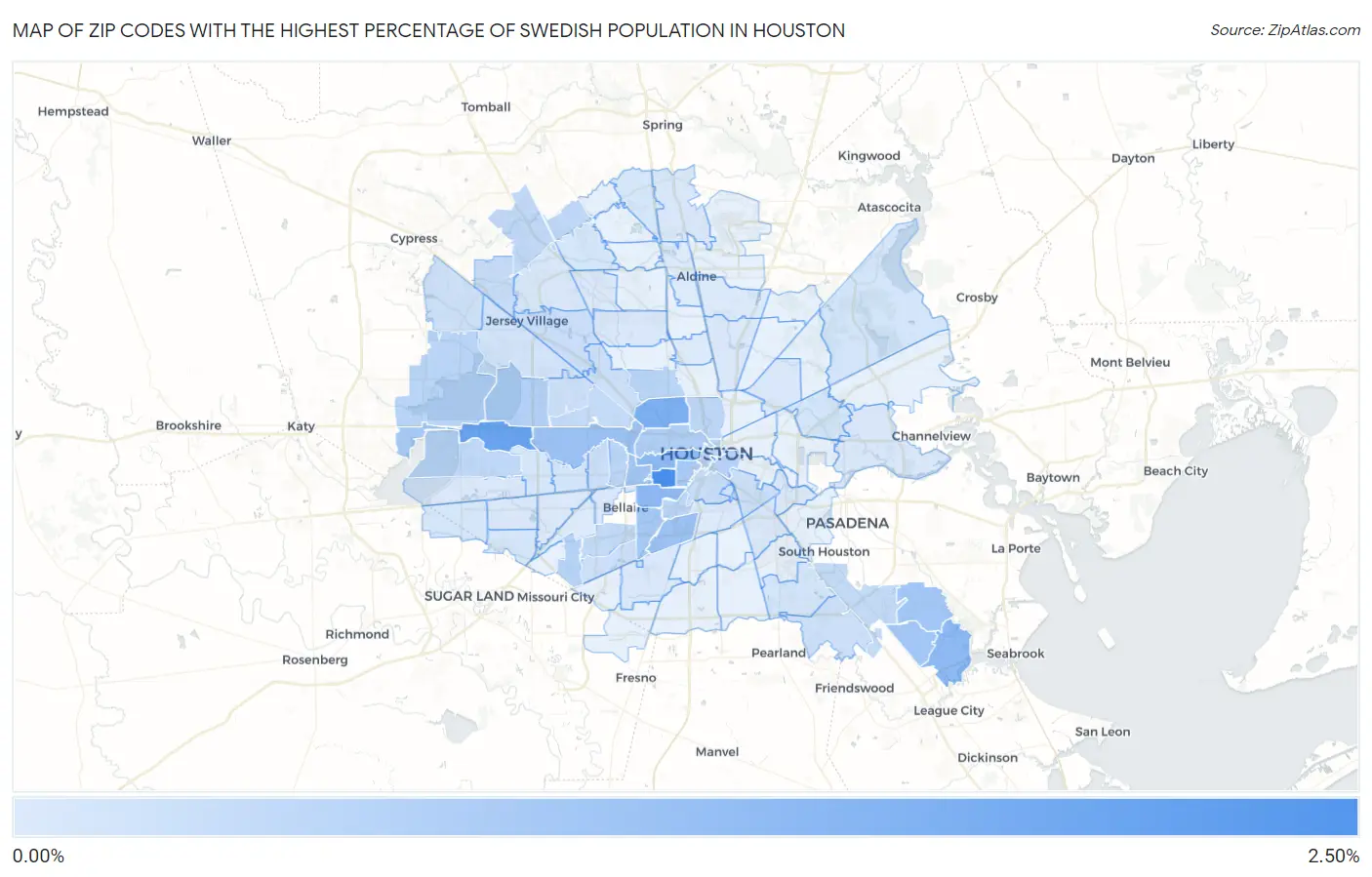 Zip Codes with the Highest Percentage of Swedish Population in Houston Map