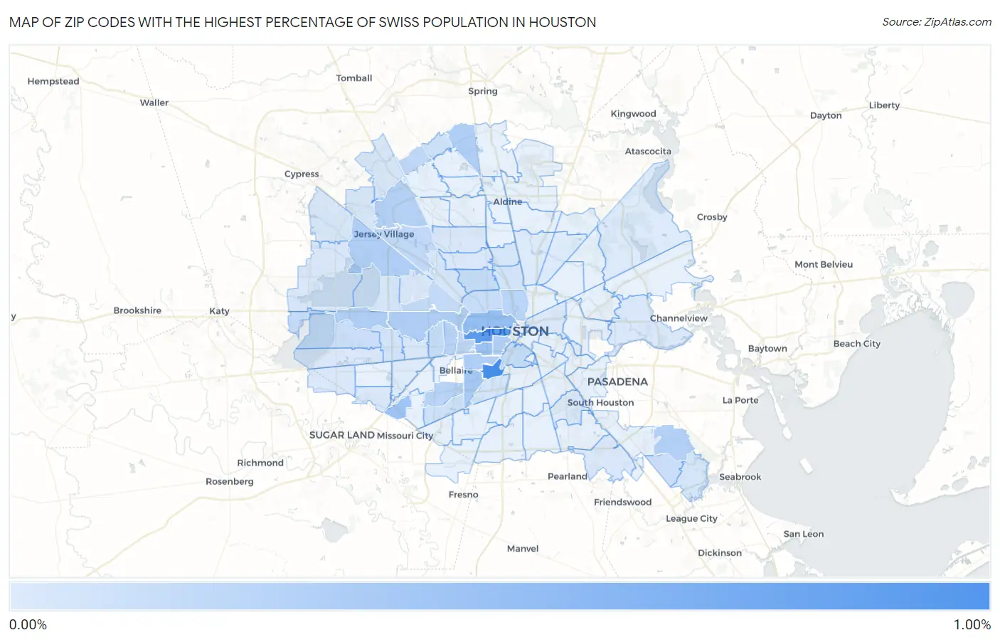 Zip Codes with the Highest Percentage of Swiss Population in Houston Map