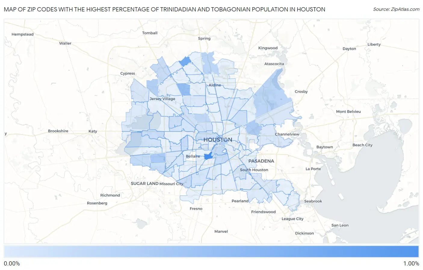 Zip Codes with the Highest Percentage of Trinidadian and Tobagonian Population in Houston Map