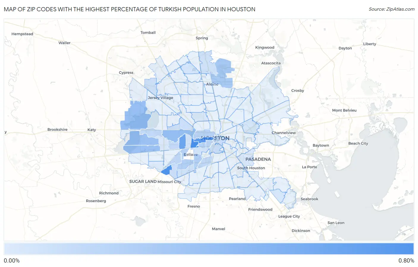 Zip Codes with the Highest Percentage of Turkish Population in Houston Map