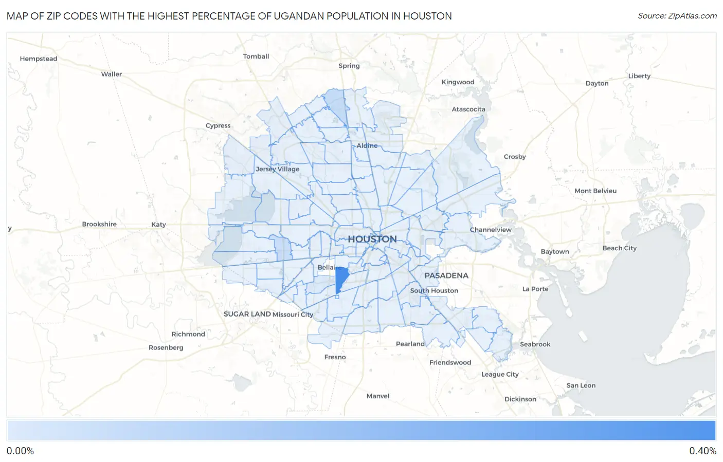 Zip Codes with the Highest Percentage of Ugandan Population in Houston Map